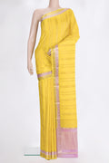 Lemon Yellow Mysore Crepe Saree with Stripes on the body and Zari Border.  displayed on a mannequin