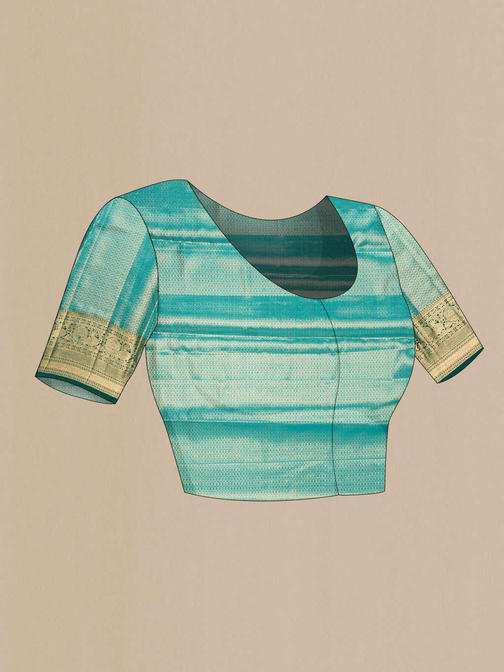 Close up image of the blouse of Sea Green Dual Tone Kanchipuram Tissue Saree with Zari Brocade on the body and Zari Border. 
