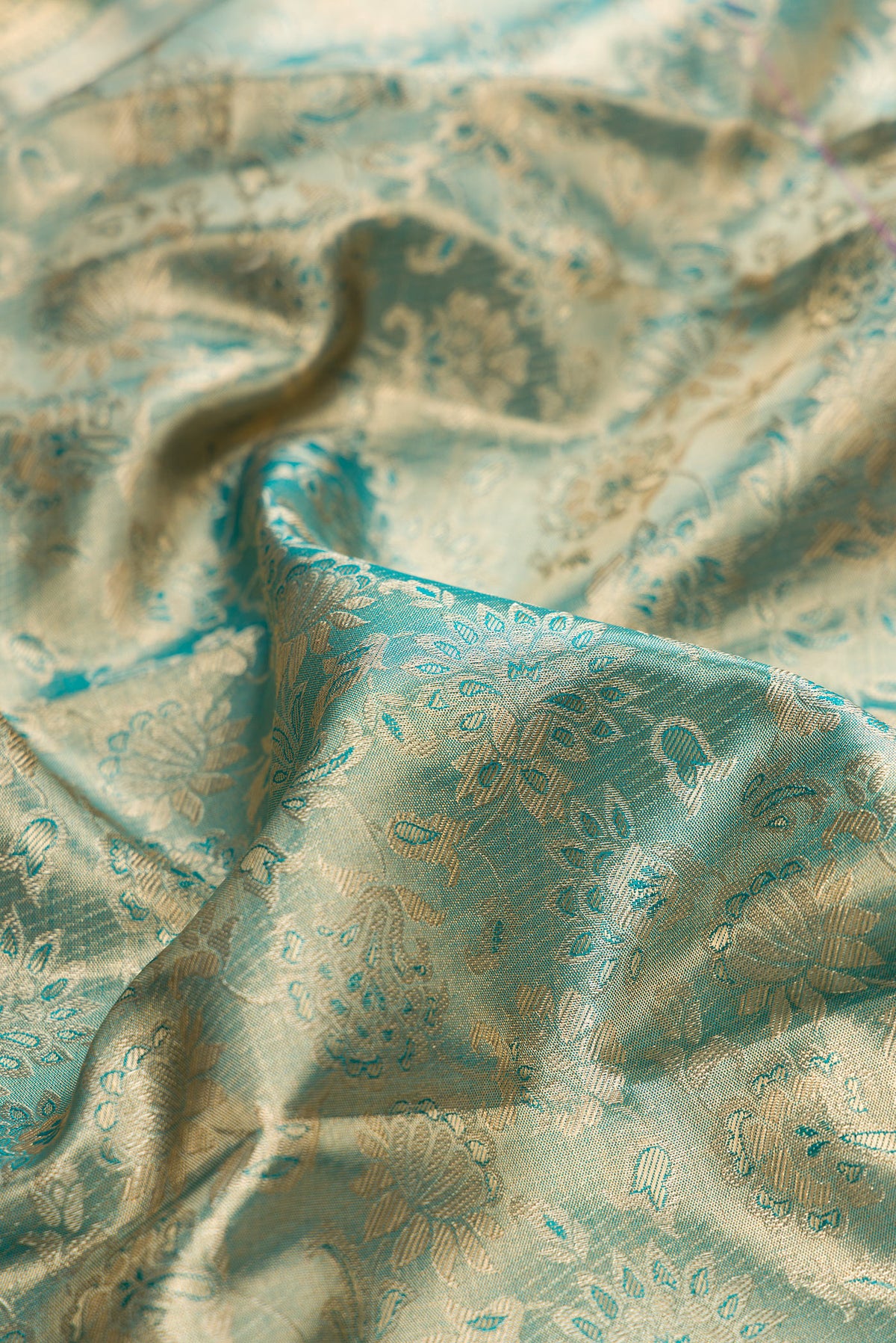 Close up of Sea Green Dual Tone Kanchipuram Tissue Saree with Zari Brocade on the body and Zari Border.  displaying folds
