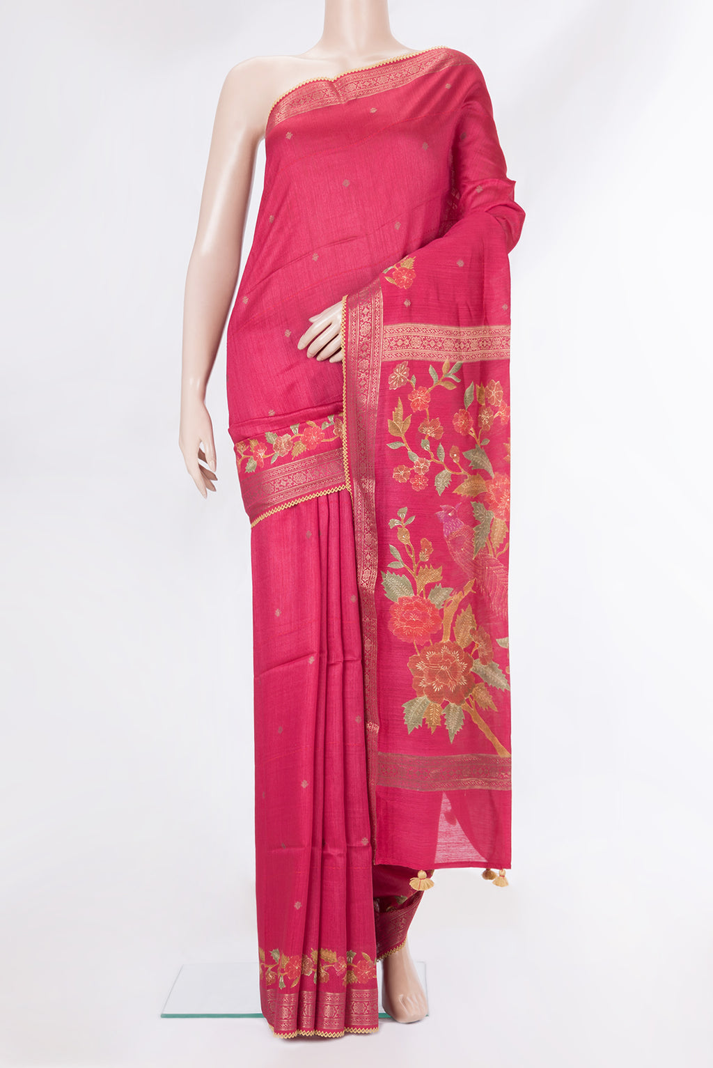 Pure Silk Dark Pink Dual Tone Tussar Saree with Zari Butta on the body and Fancy Border.  displayed on a mannequin