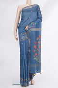 Blue Tussar Saree with Zari Butta on the body and Embroidered Border.  displayed on a mannequin
