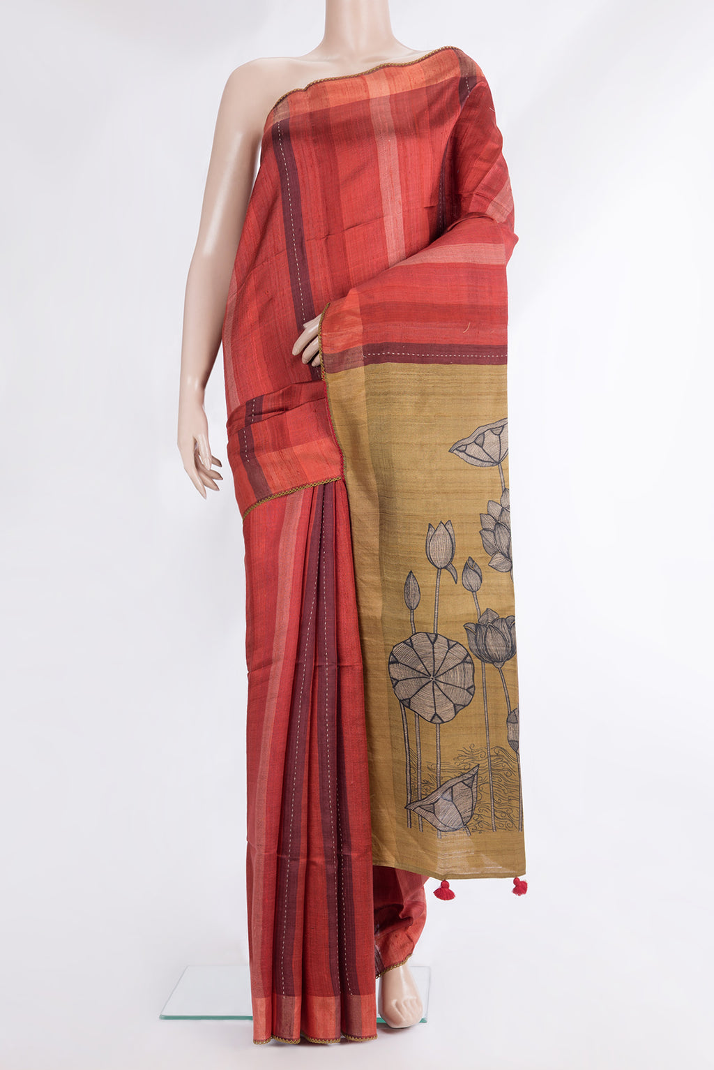Pure Silk Maroon Dual Tone Tussar Saree with Stripes on the body and Embroidery Border.  displayed on a mannequin