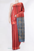 Pure Silk Maroon Dual Tone Tussar Saree with Stripes on the body and Embroidery Border.  displayed on a mannequin