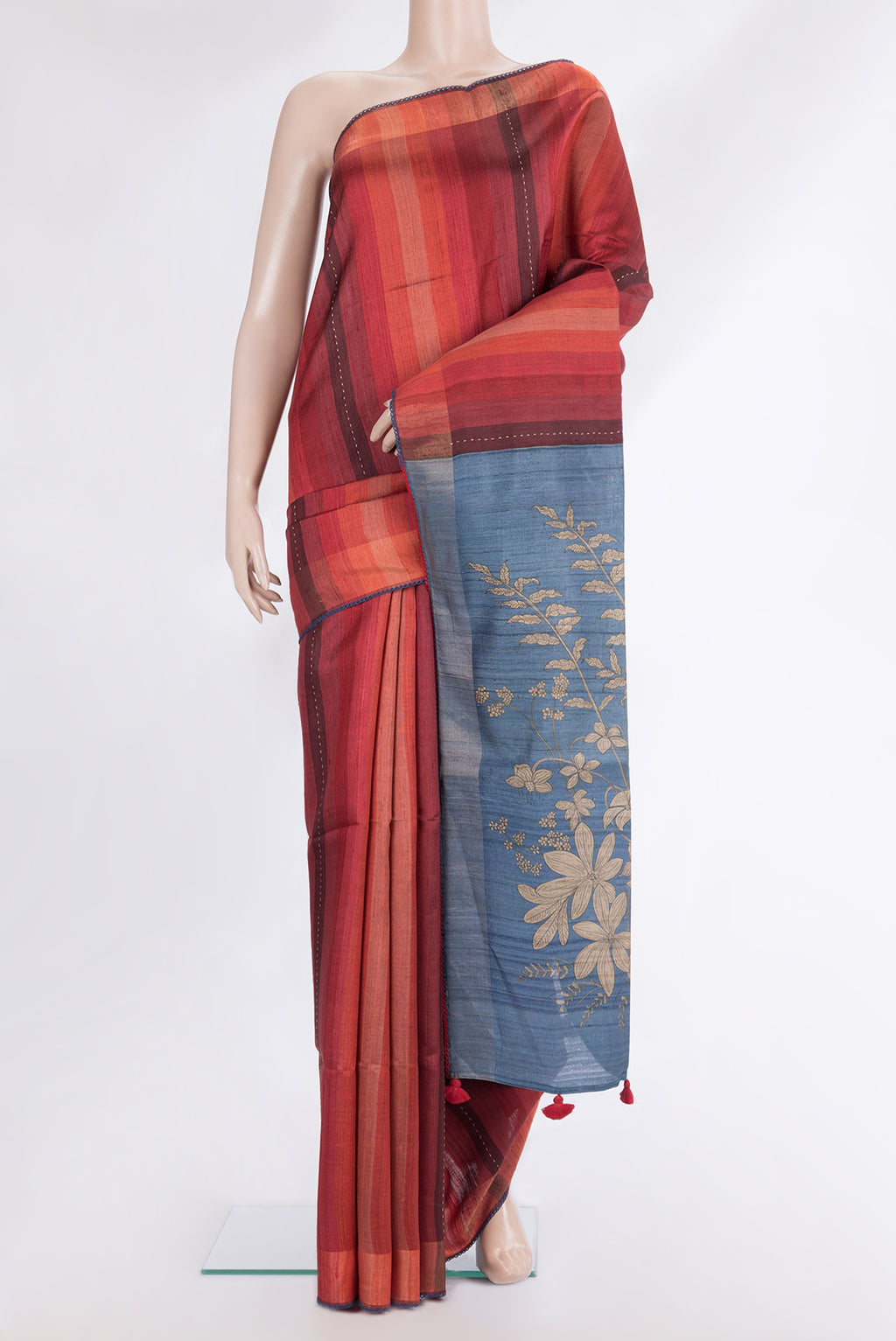 Pure Silk Maroon Dual Tone Tussar Saree with Stripes on the body and Embroidery Border.  displayed on a mannequin