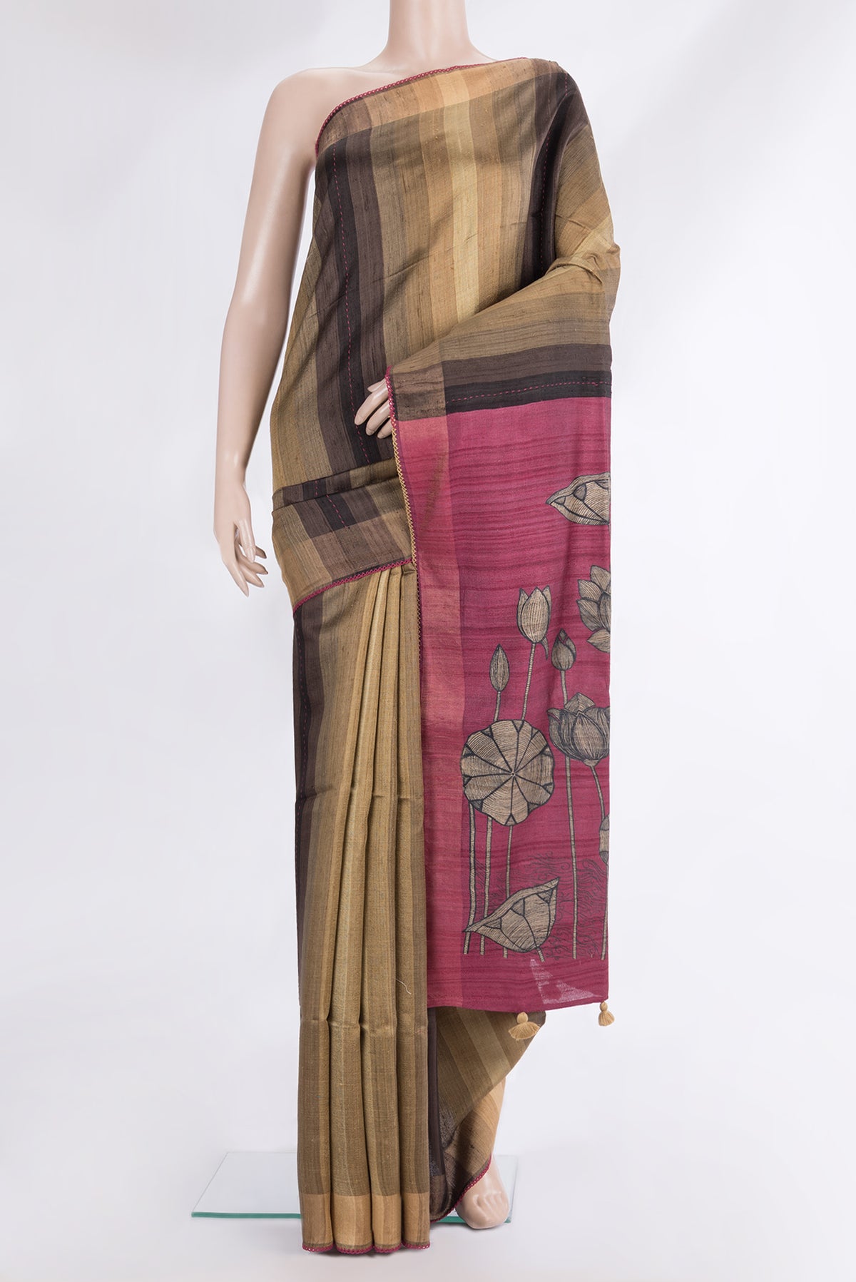 Pure Silk Brown Dual Tone Tussar Saree with Stripes on the body and Embroidery Border.  displayed on a mannequin