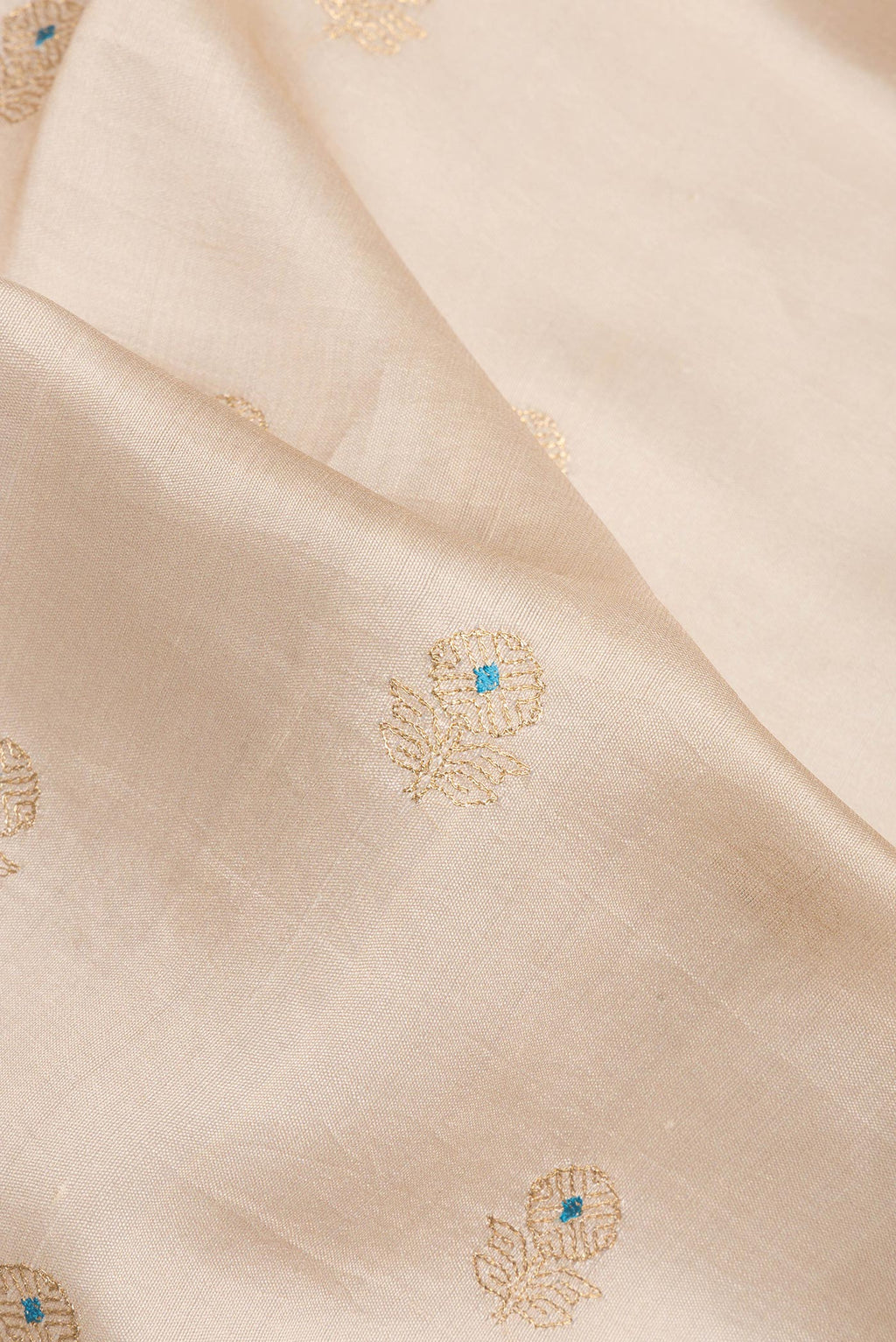Close up of Pure Silk Beige Dual Tone Tussar Saree with Embroidery on the body and Embroidery Border.  displaying folds