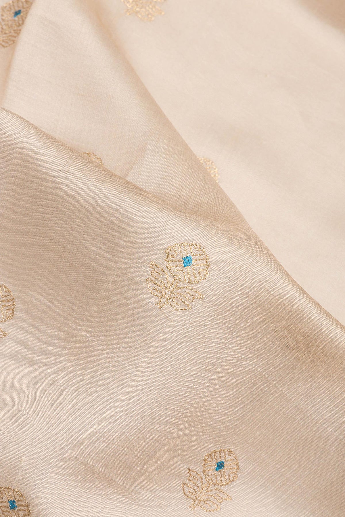 Close up of Pure Silk Beige Dual Tone Tussar Saree with Embroidery on the body and Embroidery Border.  displaying folds