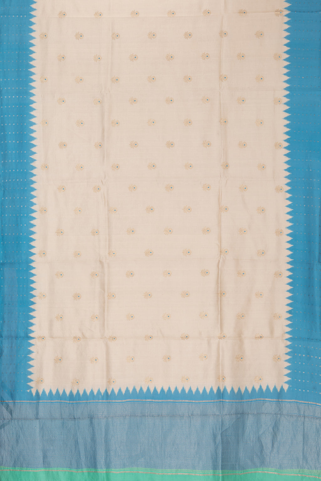 Flat view of Pure Silk Beige Dual Tone Tussar Saree with Embroidery on the body and Embroidery Border. 