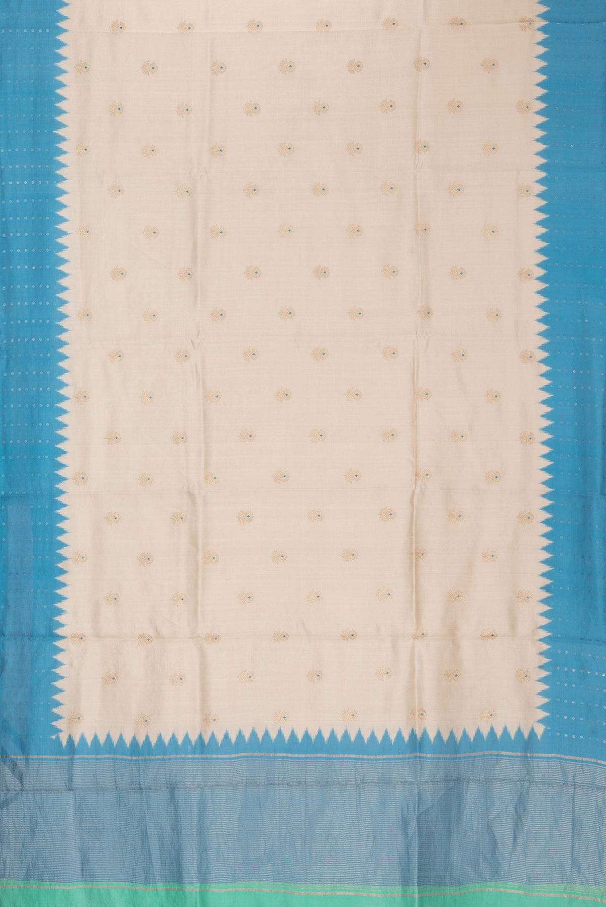Flat view of Pure Silk Beige Dual Tone Tussar Saree with Embroidery on the body and Embroidery Border. 