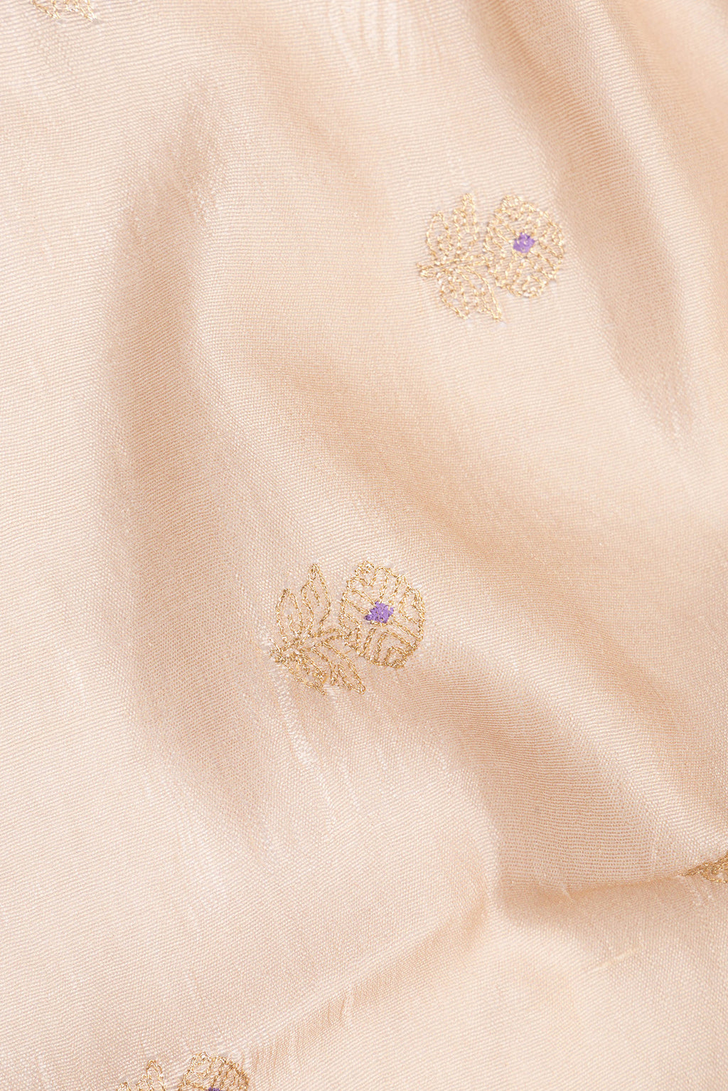 Close up of Pure Silk Beige Dual Tone Tussar Saree with Embroidery on the body and Embroidery Border.  displaying folds