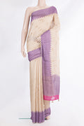 Pure Silk Beige Dual Tone Tussar Saree with Embroidery on the body and Embroidery Border.  displayed on a mannequin
