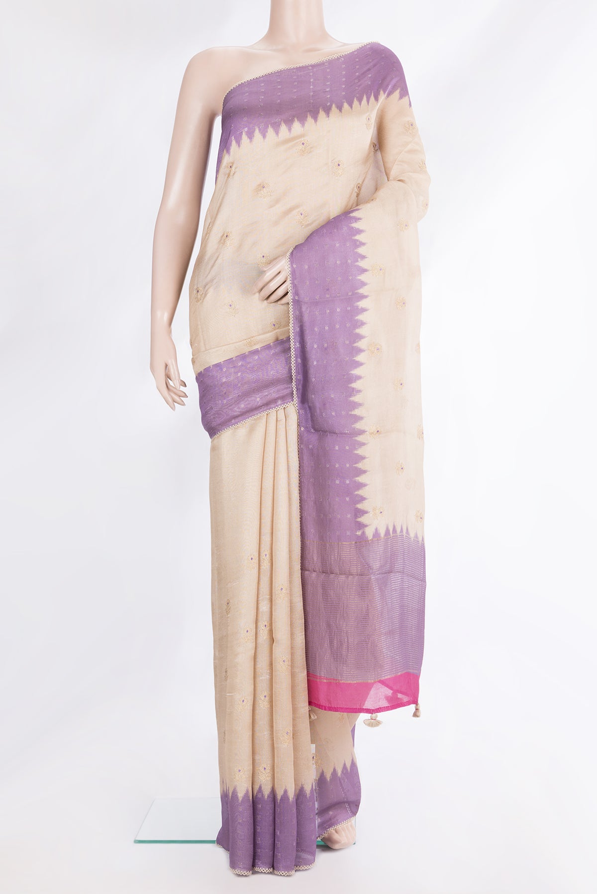 Pure Silk Beige Dual Tone Tussar Saree with Embroidery on the body and Embroidery Border.  displayed on a mannequin
