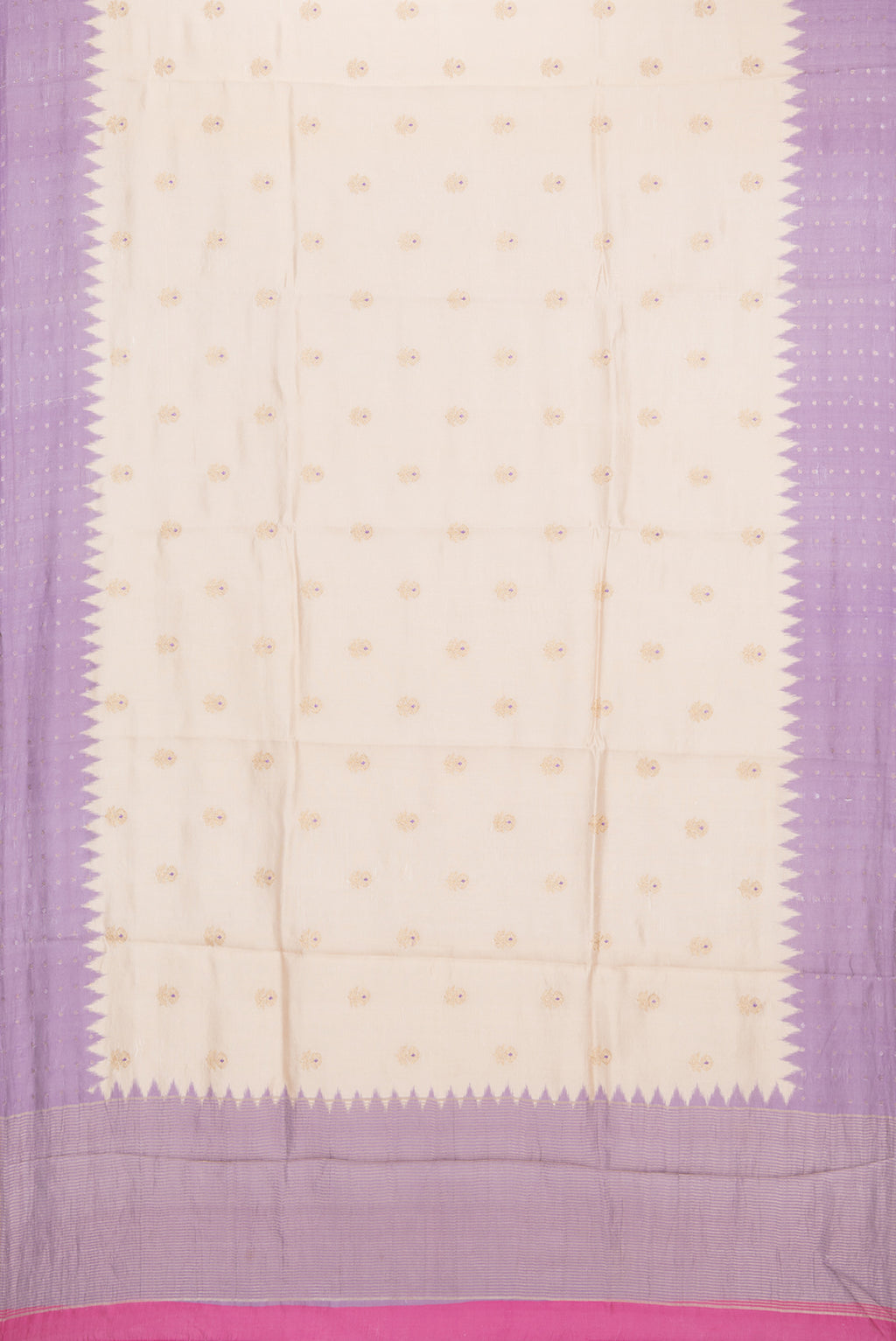 Flat view of Pure Silk Beige Dual Tone Tussar Saree with Embroidery on the body and Embroidery Border. 