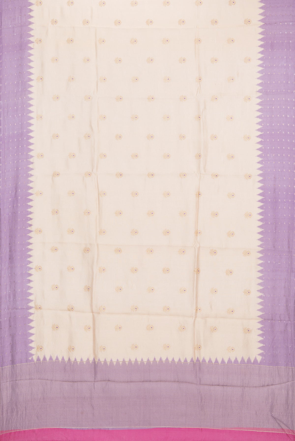 Flat view of Pure Silk Beige Dual Tone Tussar Saree with Embroidery on the body and Embroidery Border. 