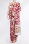 Pure Silk Maroon Dual Tone Tussar Saree with Printed design on the body and Fancy Border.  displayed on a mannequin