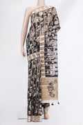 Black Tussar Saree with Printed design on the body and Embroidered Border.  displayed on a mannequin