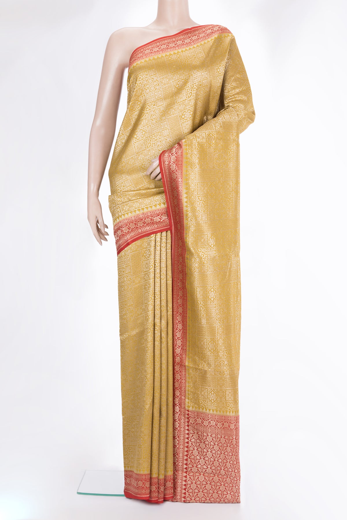 Pure Silk Mustard Dual Tone Chanderi Saree with Zari Brocade on the body and Zari Border.  displayed on a mannequin