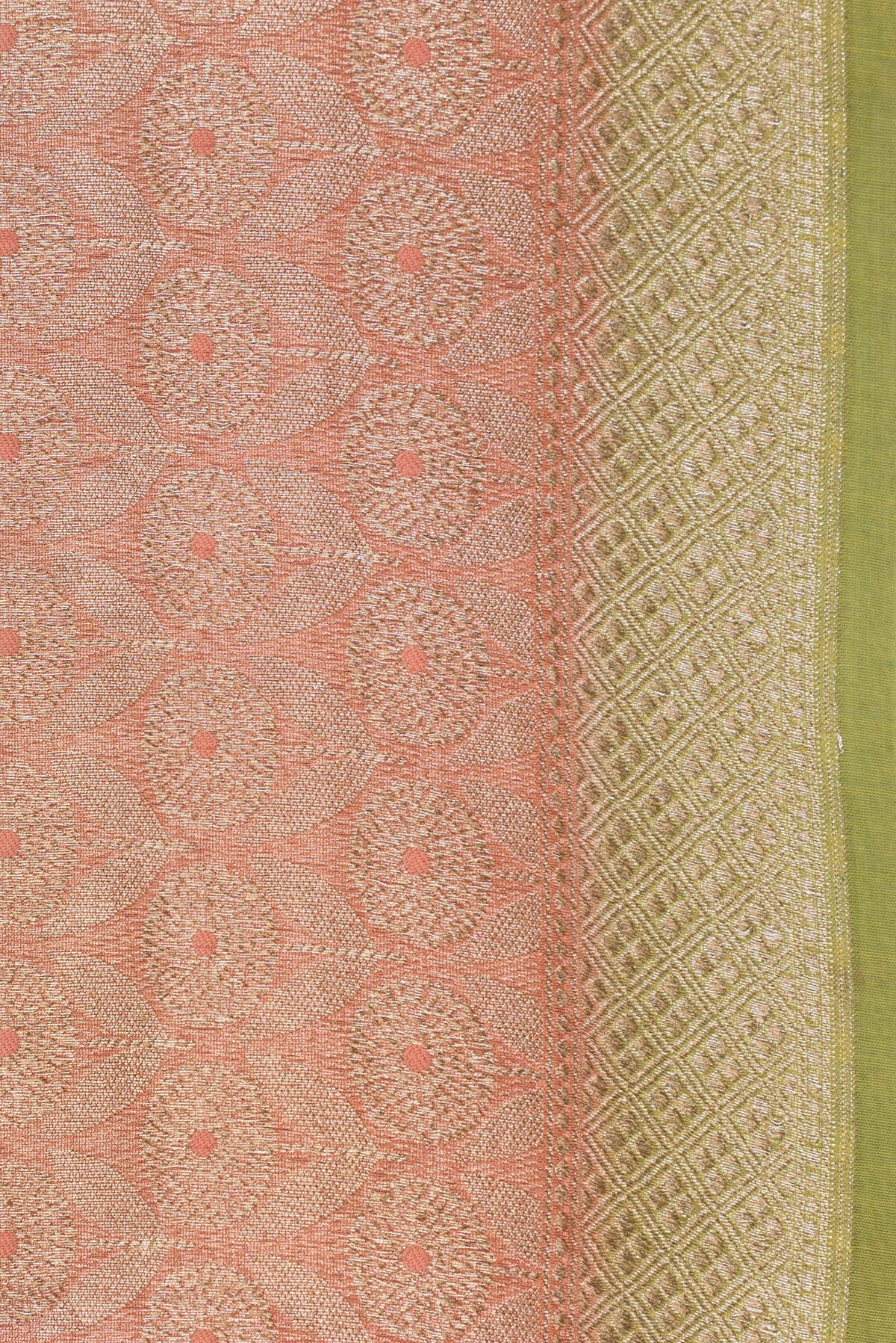 Border image of Pure Silk Golden Peach Dual Tone Chanderi Saree with Zari Brocade on the body and Zari Border. 