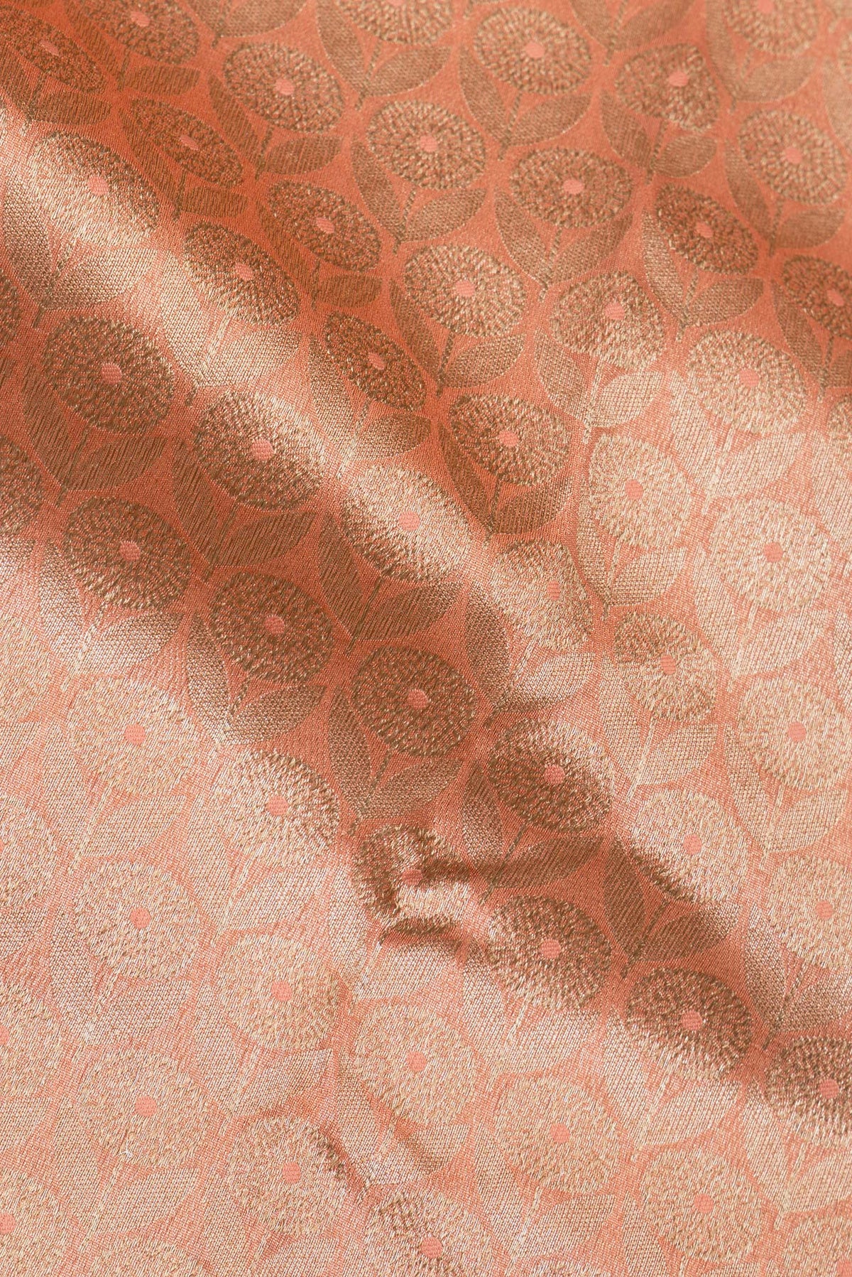 Close up of Pure Silk Golden Peach Dual Tone Chanderi Saree with Zari Brocade on the body and Zari Border.  displaying folds