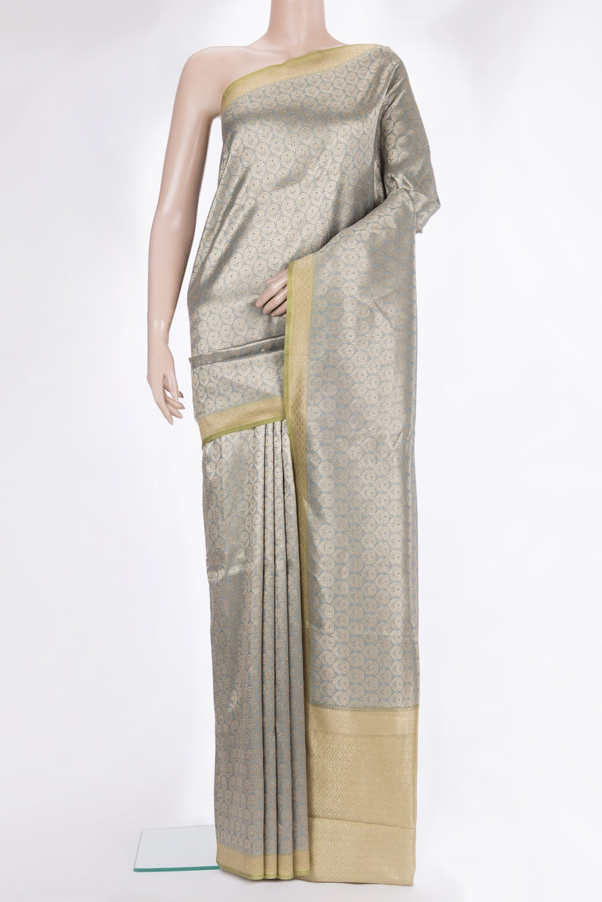 Pure Silk Grey Dual Tone Chanderi Saree with Zari Brocade on the body and Zari Border.  displayed on a mannequin