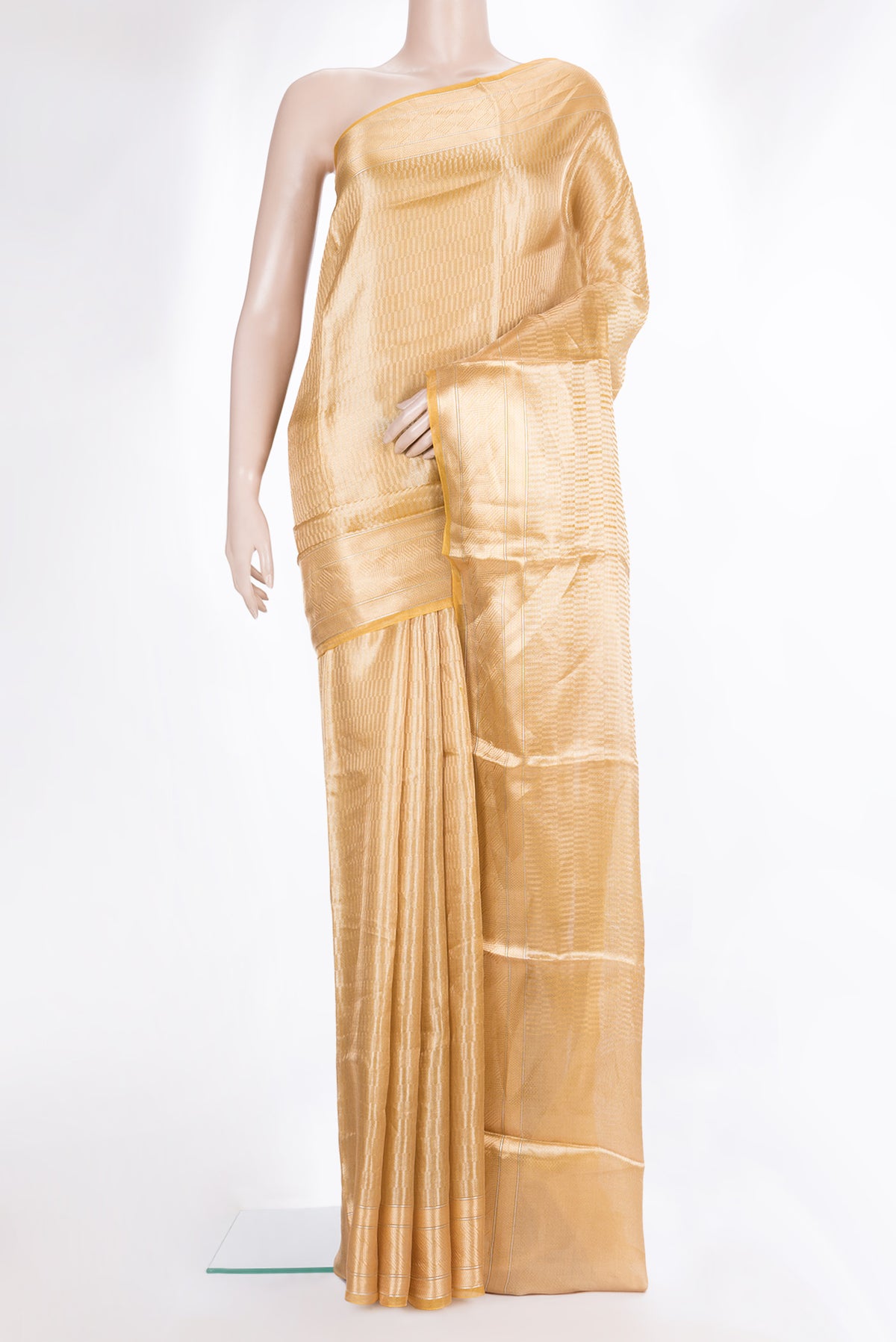 Pure Silk Mustard Dual Tone Banarasi Saree with Zari Brocade on the body and Zari Border.  displayed on a mannequin