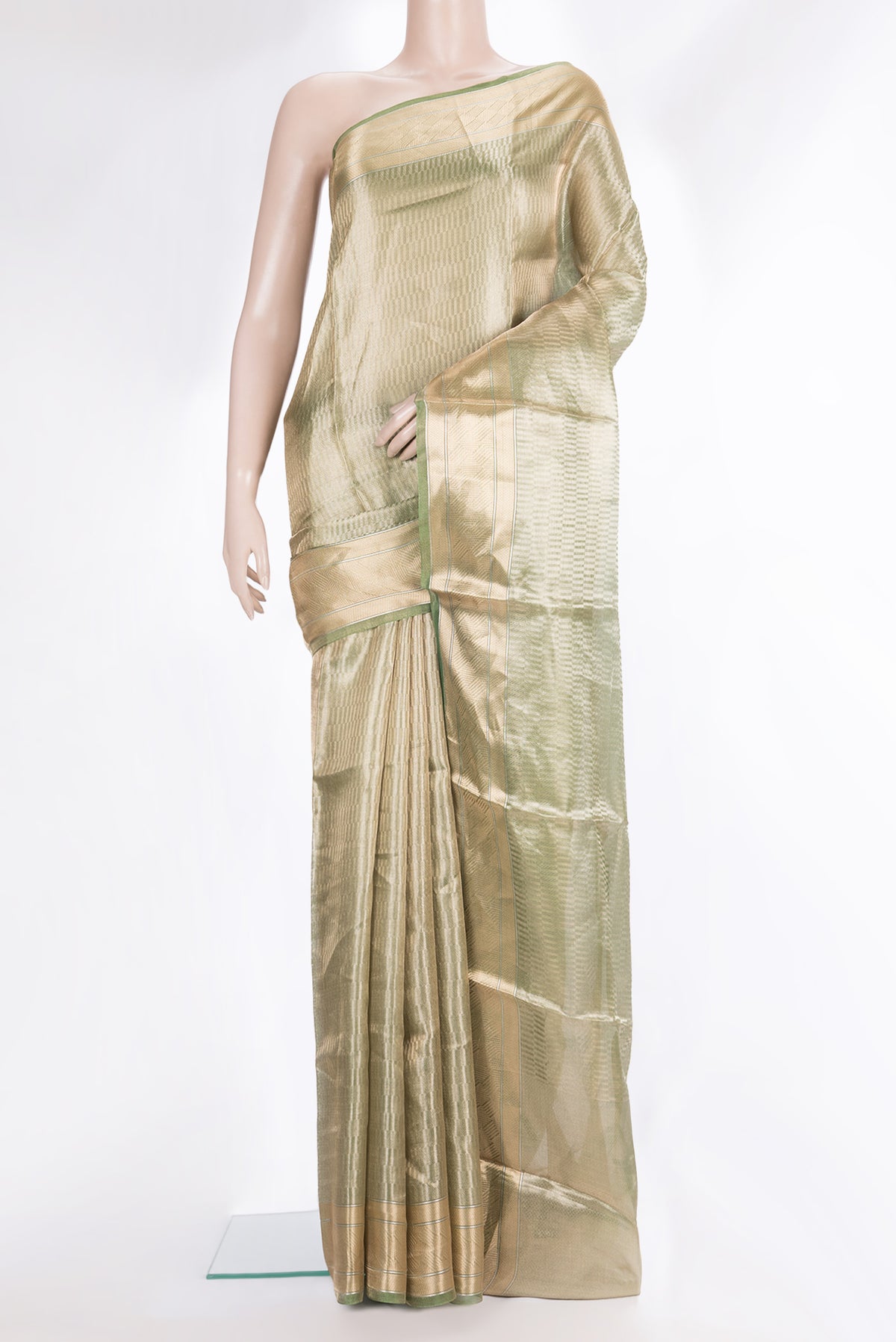 Pure Silk Green Dual Tone Banarasi Saree with Zari Brocade on the body and Zari Border.  displayed on a mannequin