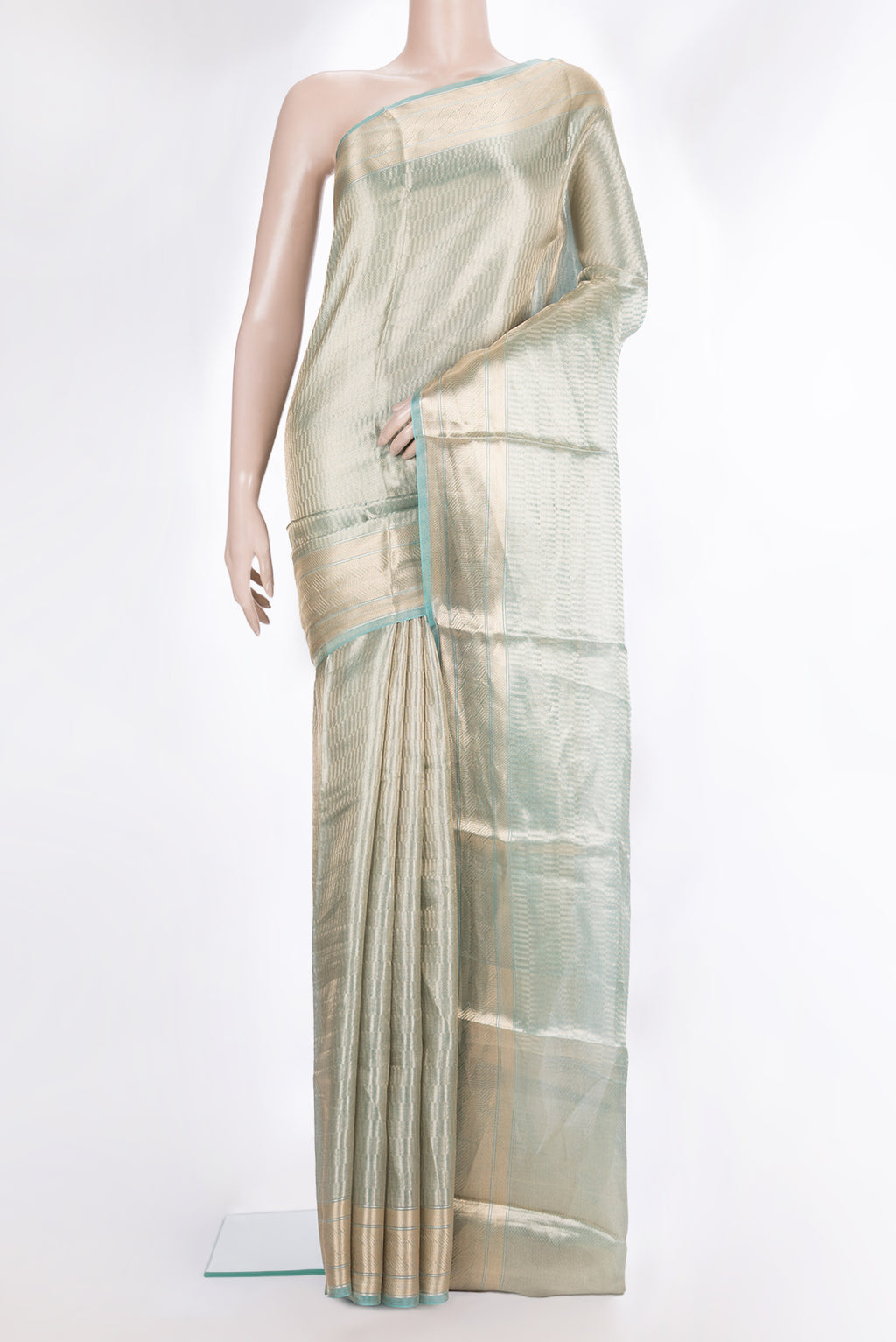 Pure Silk Sky Blue Dual Tone Banarasi Saree with Zari Brocade on the body and Zari Border.  displayed on a mannequin