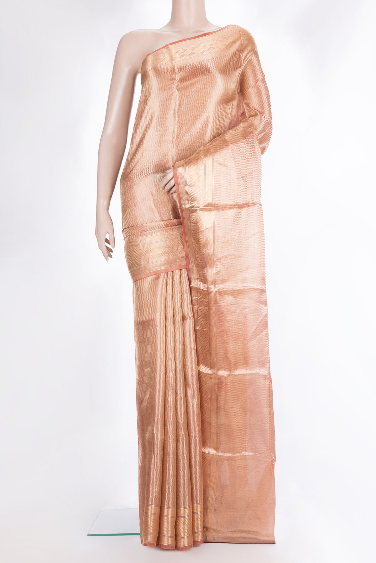 Pure Silk Rose Gold Dual Tone Banarasi Saree with Zari Brocade on the body and Zari Border.  displayed on a mannequin