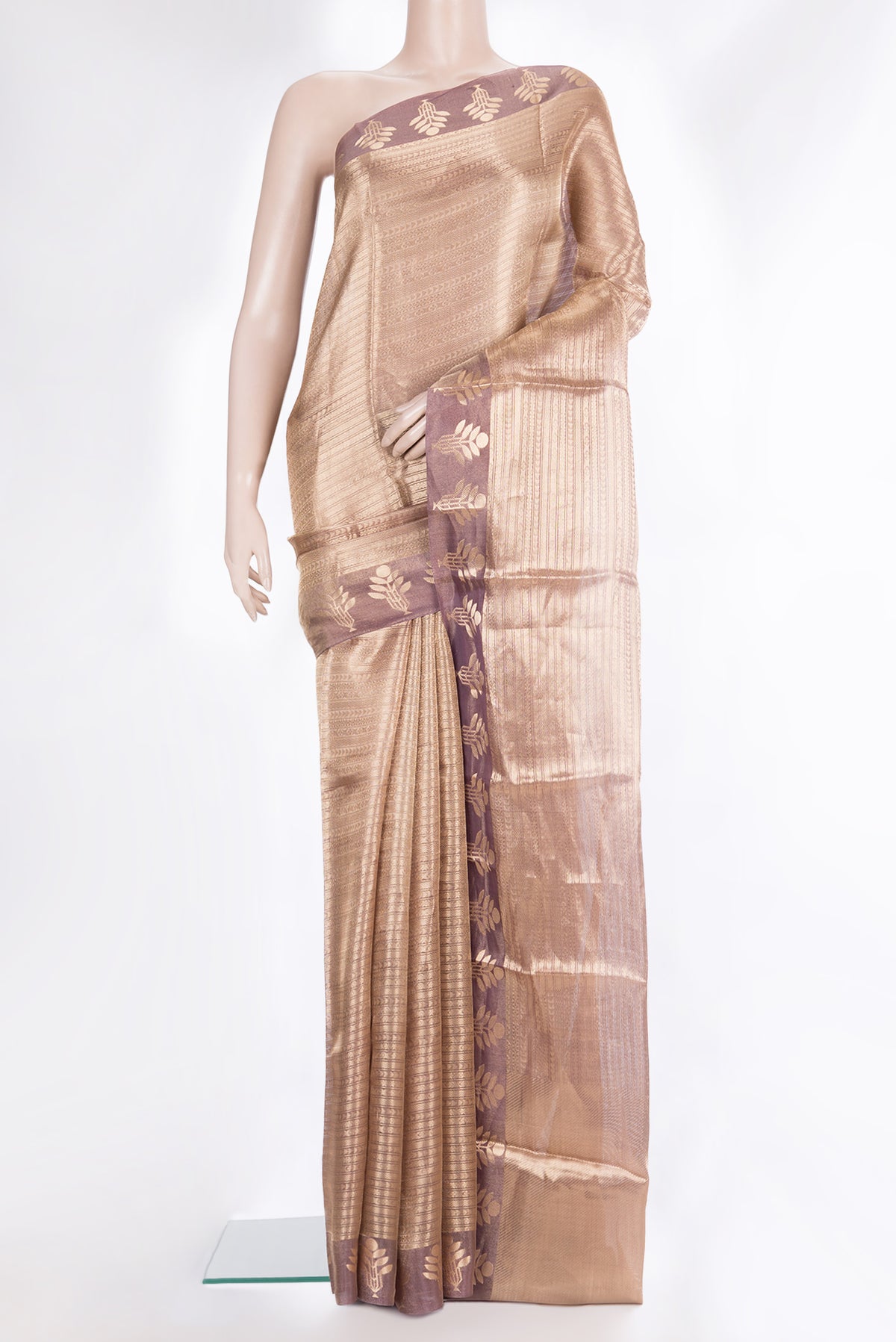 Pure Silk Purple Dual Tone Banarasi Saree with Zari Brocade on the body and Fancy Border.  displayed on a mannequin