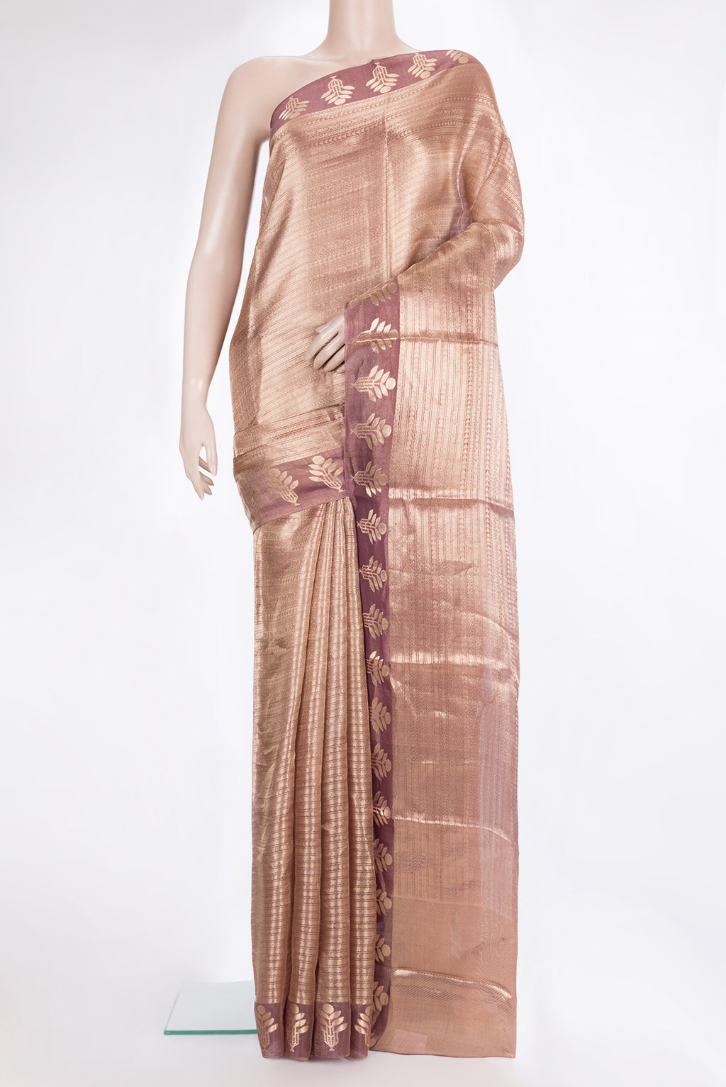 Pure Silk Burgundy Dual Tone Banarasi Saree with Zari Brocade on the body and Fancy Border.  displayed on a mannequin
