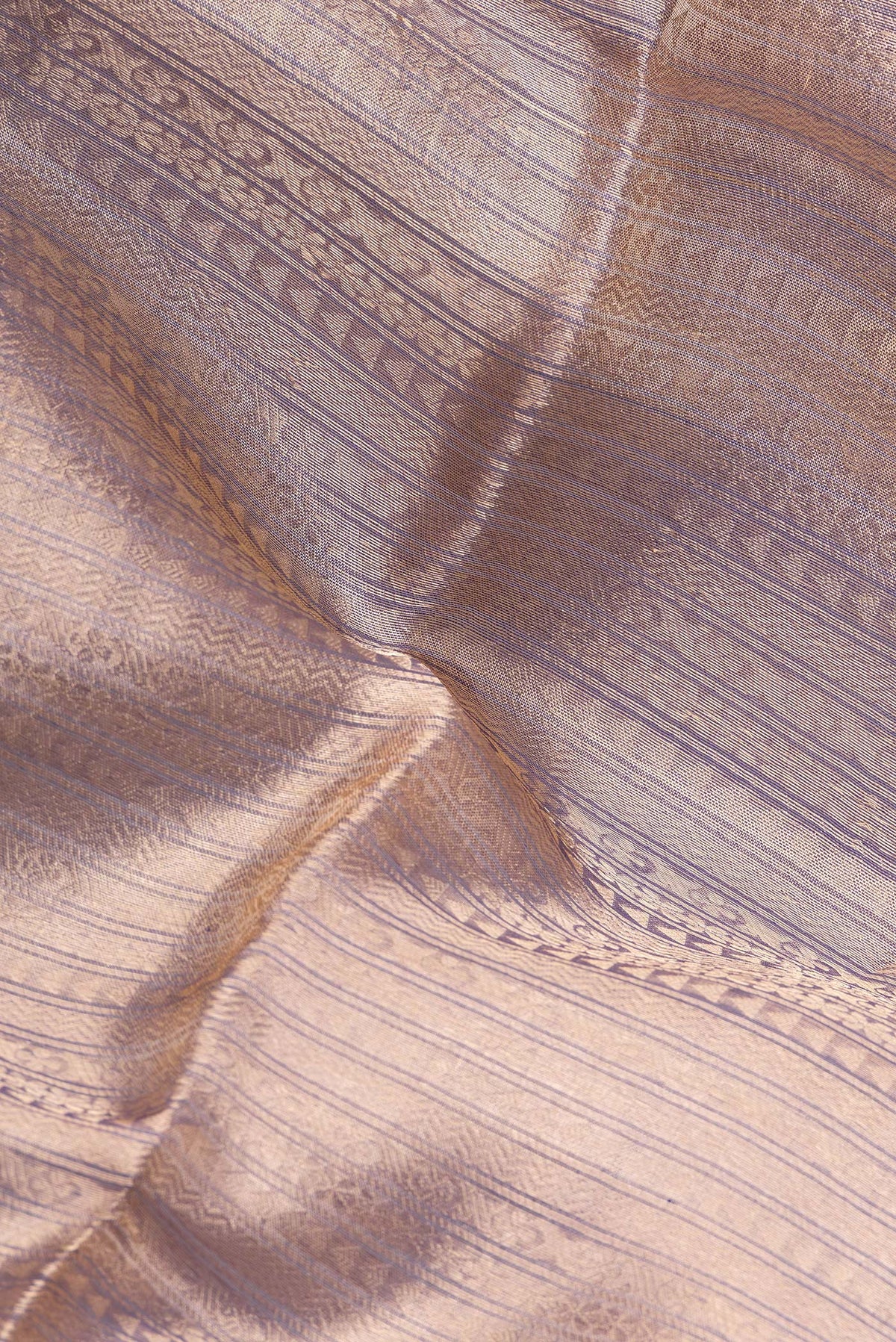 Close up of Pure Silk Purple Dual Tone Banarasi Saree with Zari Brocade on the body and Fancy Border.  displaying folds