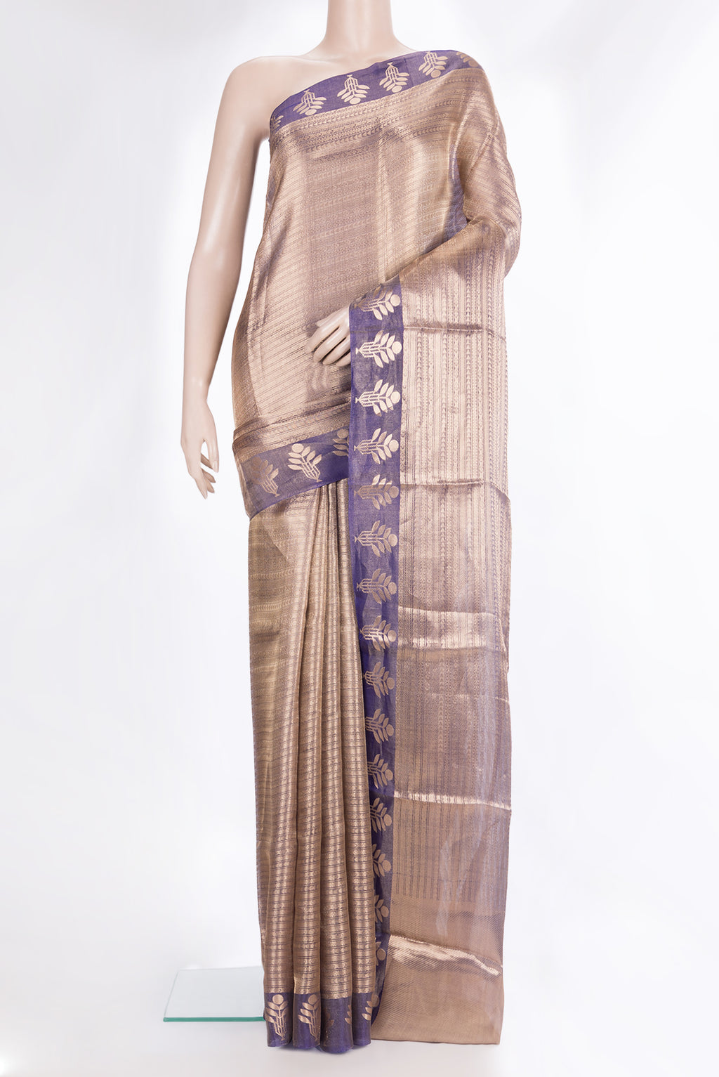 Pure Silk Purple Dual Tone Banarasi Saree with Zari Brocade on the body and Fancy Border.  displayed on a mannequin