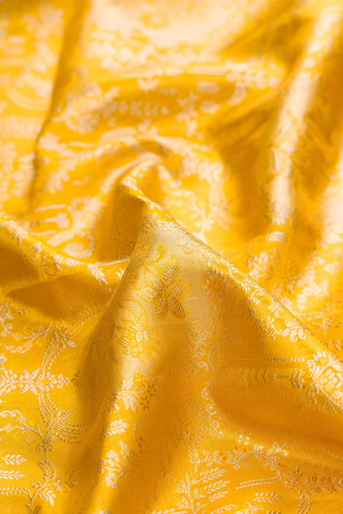 Close up of Yellow Dual Tone Kanjivaram Tissue Saree with Zari Brocade on the body and Zari Border.  displaying folds