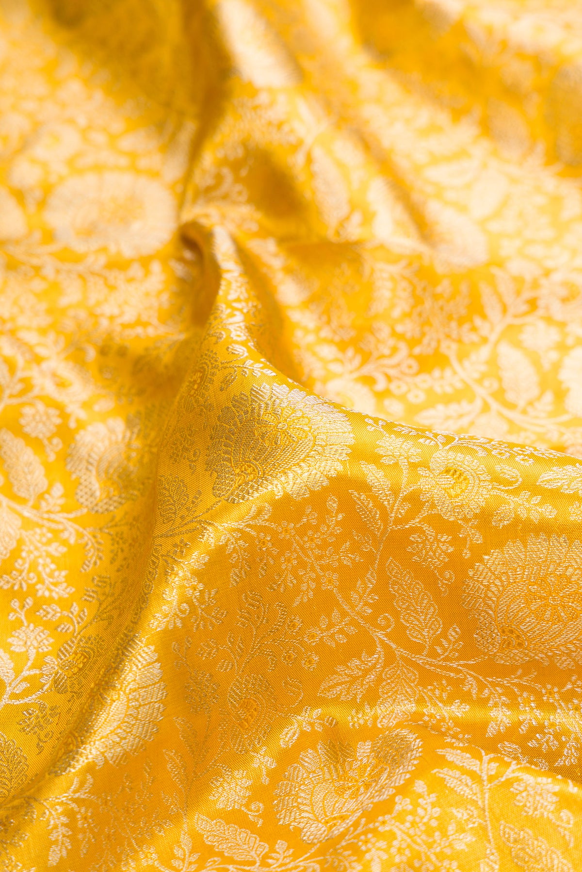 Close up of Yellow Kanjivaram Tissue Saree with Zari Brocade on the body and Zari Border.  displaying folds