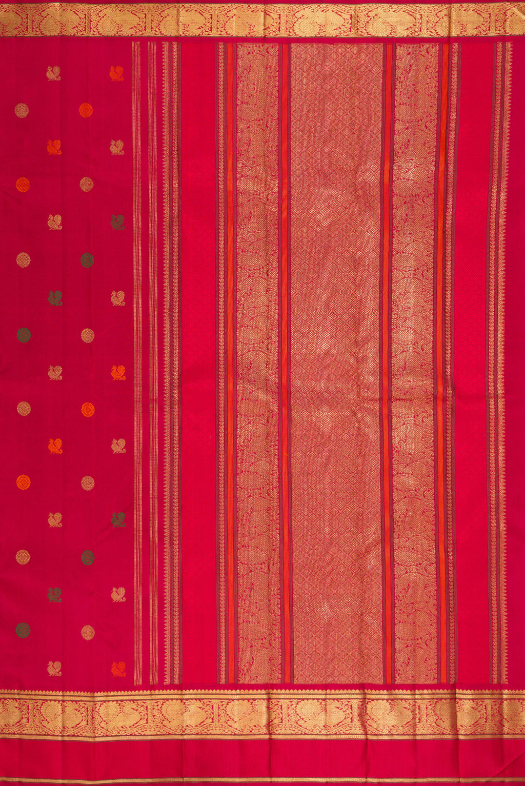 Close up image of the pallu of Pure Silk Pure Zari Deep Red Kanjivaram Saree with Zari And Thread Butta on the body and Zari Border. 