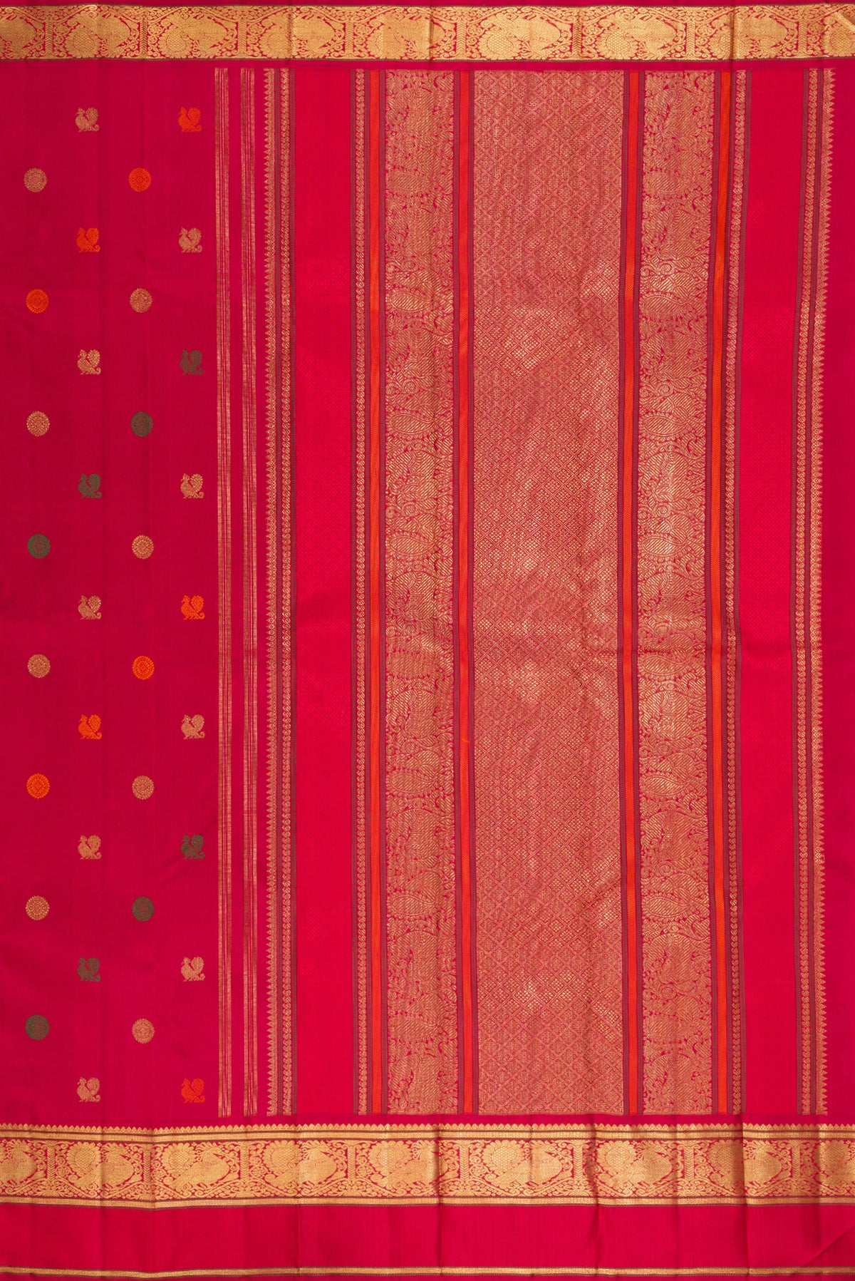 Close up image of the pallu of Pure Silk Pure Zari Deep Red Kanjivaram Saree with Zari And Thread Butta on the body and Zari Border. 