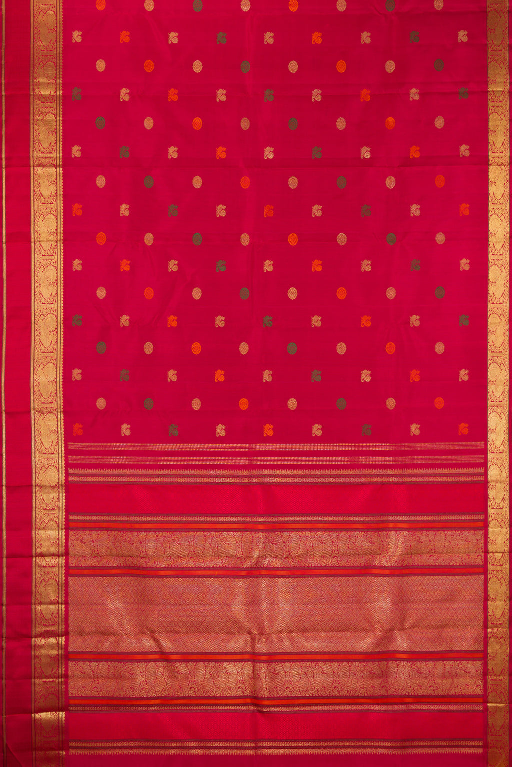 Flat view of Pure Silk Pure Zari Deep Red Kanjivaram Saree with Zari And Thread Butta on the body and Zari Border. 