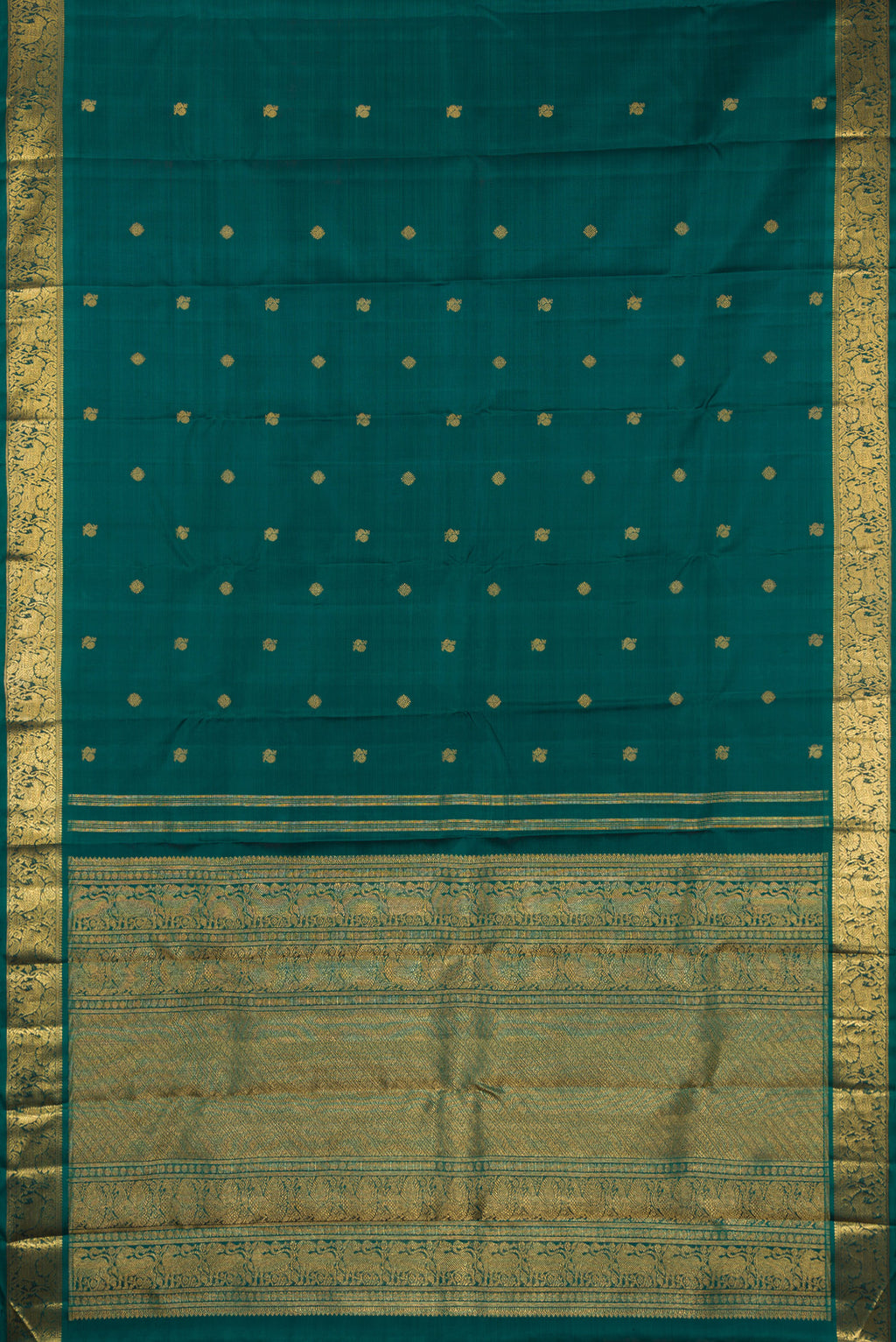 Flat view of Pure Silk Pure Zari Green Kanjivaram Saree with Zari Butta on the body and Zari Border. 