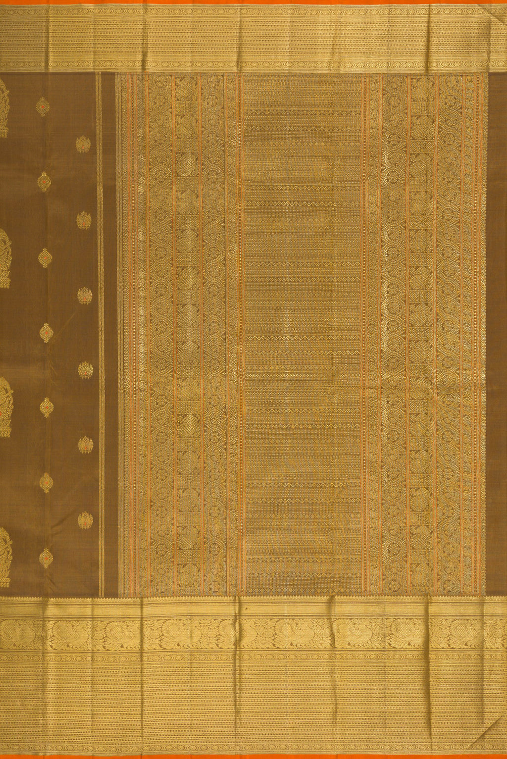 Close up image of the pallu of Pure Silk Pure Zari Mehandi Green Kanjivaram Saree with Zari Butta on the body and Zari Border. 