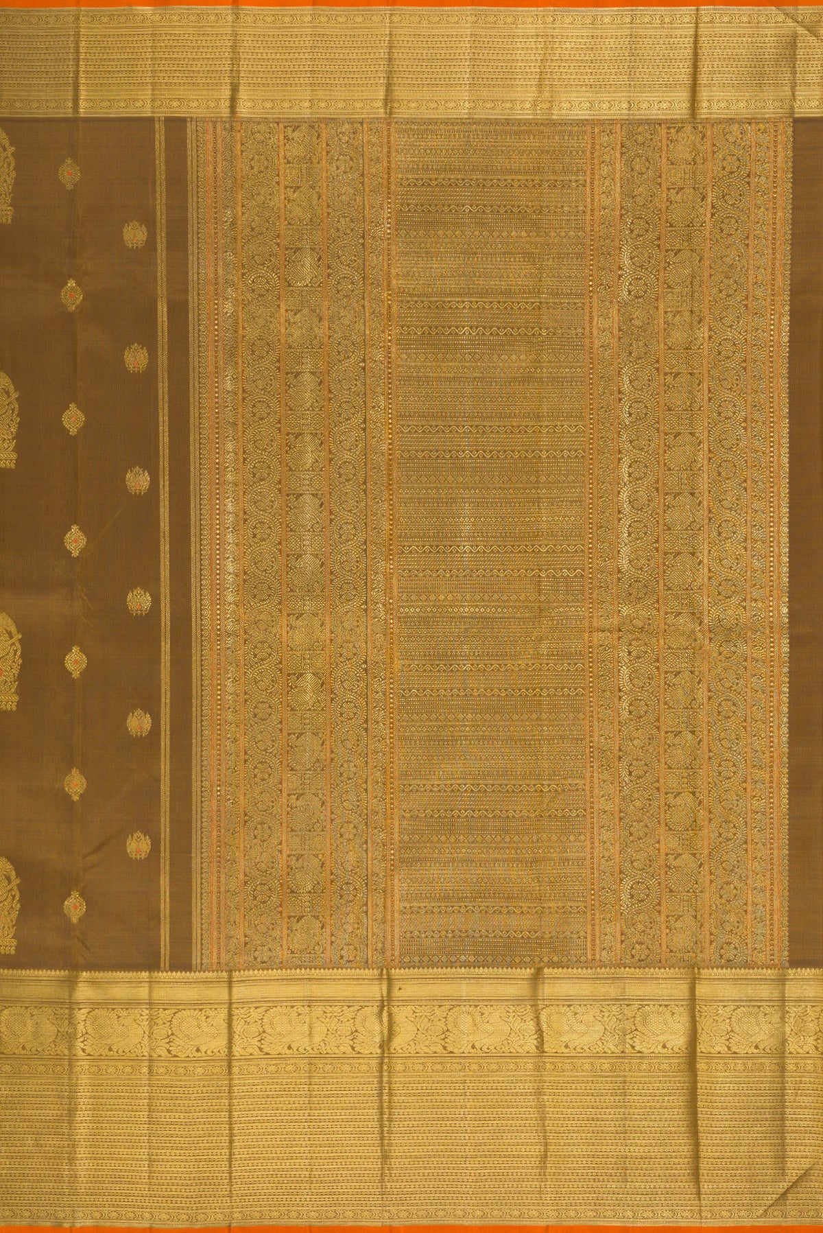 Close up image of the pallu of Pure Silk Pure Zari Mehandi Green Kanjivaram Saree with Zari Butta on the body and Zari Border. 