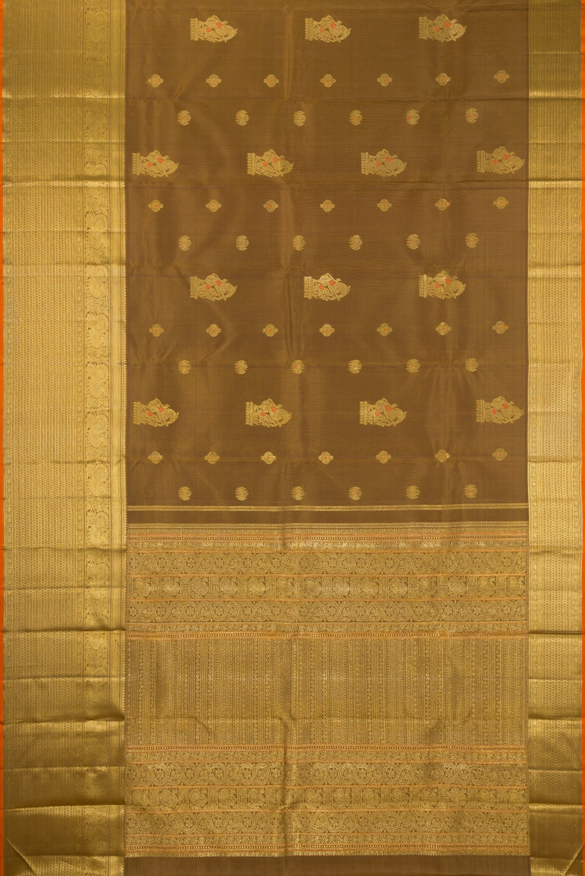 Flat view of Pure Silk Pure Zari Mehandi Green Kanjivaram Saree with Zari Butta on the body and Zari Border. 
