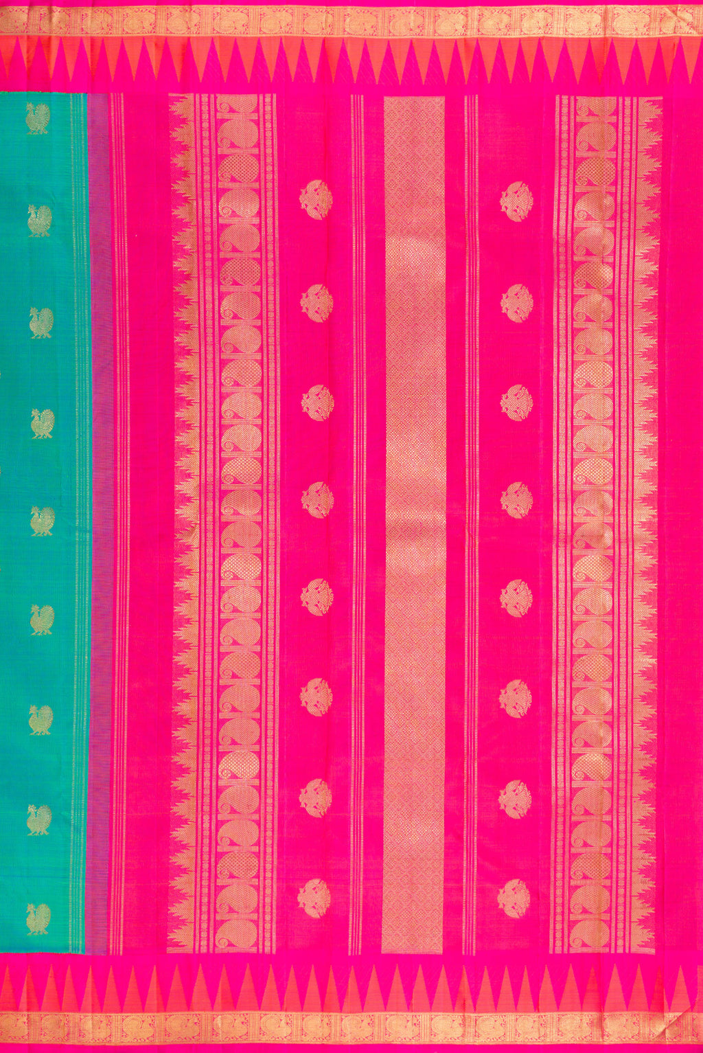 Close up image of the pallu of Pure Silk Pure Zari Sea Green Kanjivaram Saree with Zari Butta on the body and Temple Border. 