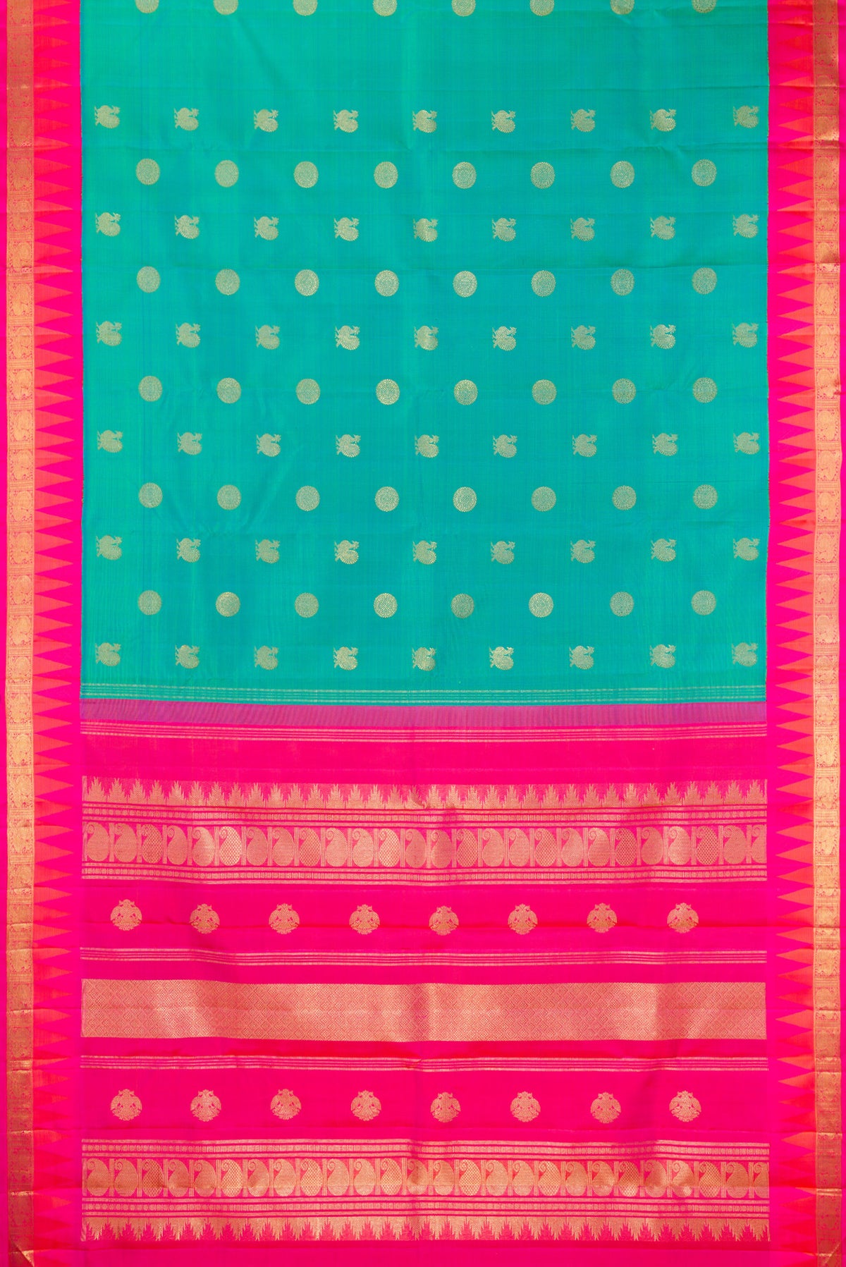 Flat view of Pure Silk Pure Zari Sea Green Kanjivaram Saree with Zari Butta on the body and Temple Border. 