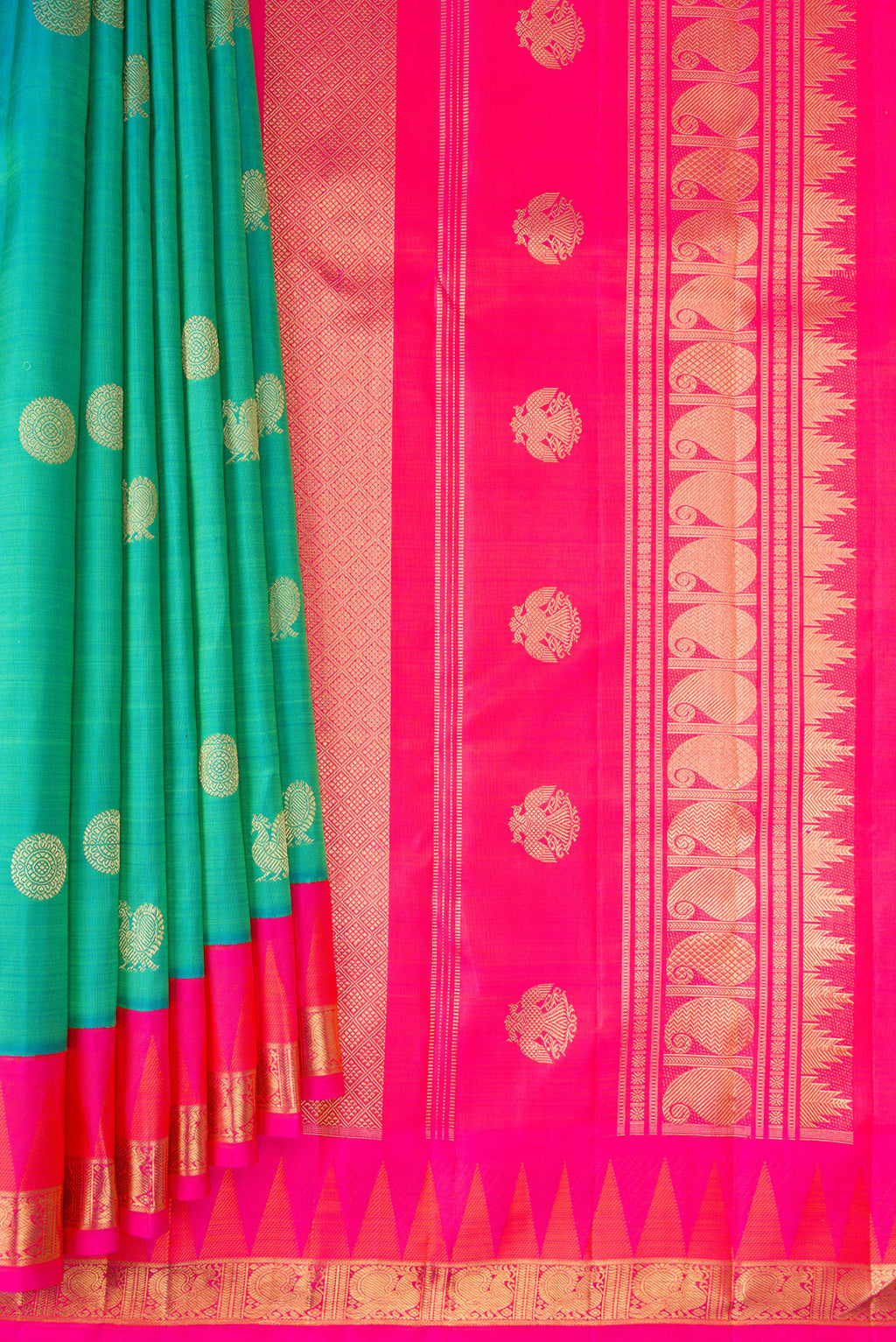Pleats and pallu of Pure Silk Pure Zari Sea Green Kanjivaram Saree with Zari Butta on the body and Temple Border. 