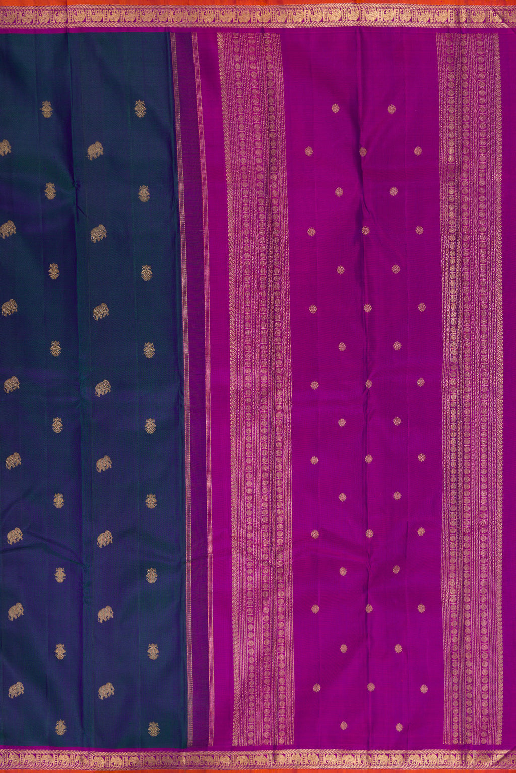Close up image of the pallu of Pure Silk Pure Zari Peacock Blue Dual Tone Kanchipuram Saree with Zari Butta on the body and Zari Border. 
