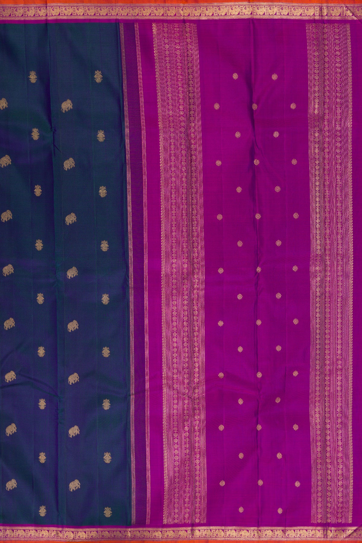 Close up image of the pallu of Pure Silk Pure Zari Peacock Blue Dual Tone Kanchipuram Saree with Zari Butta on the body and Zari Border. 