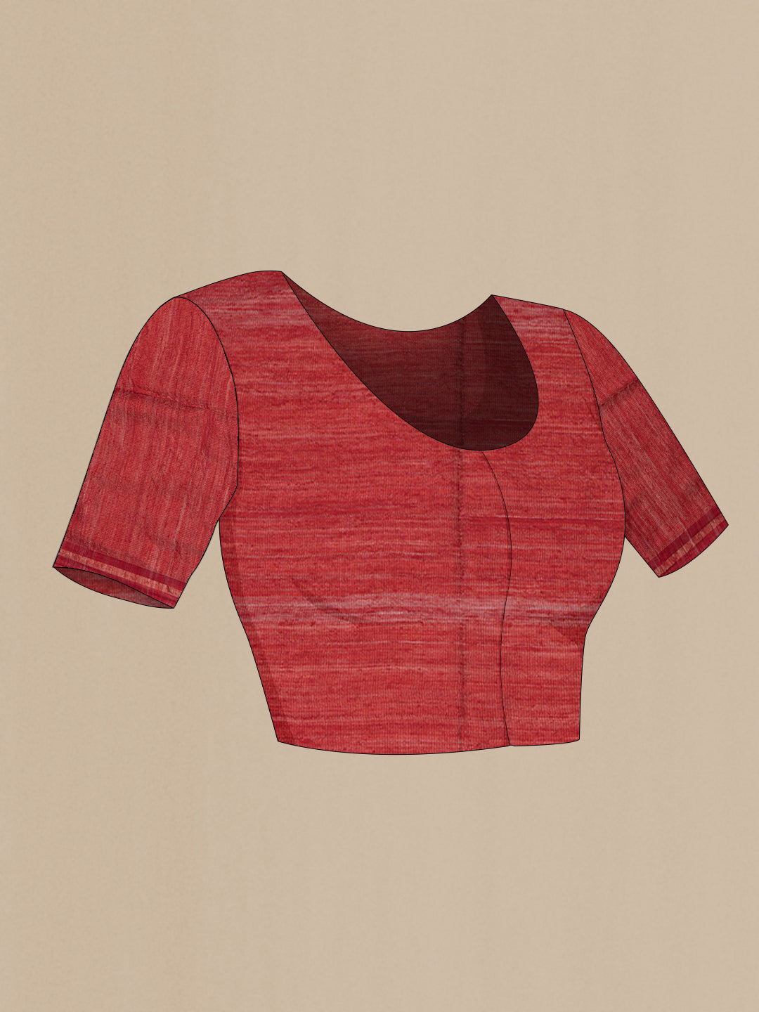 Close up image of the blouse of Rust Tussar Saree with Stripes on the body and Sequin Border. 