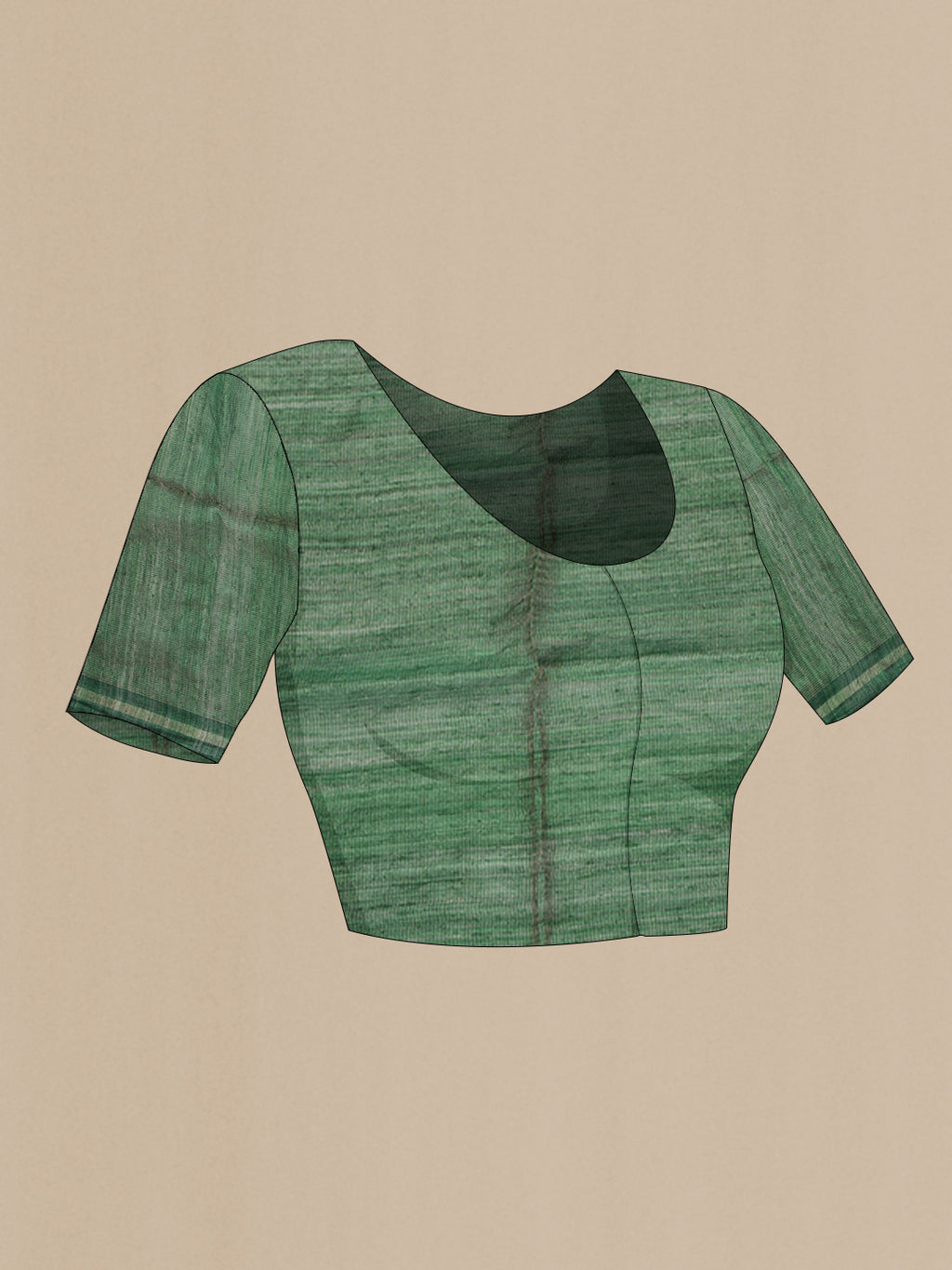 Close up image of the blouse of Pure Silk Green Dual Tone Tussar Saree with Stripes on the body and Sequin Border. 