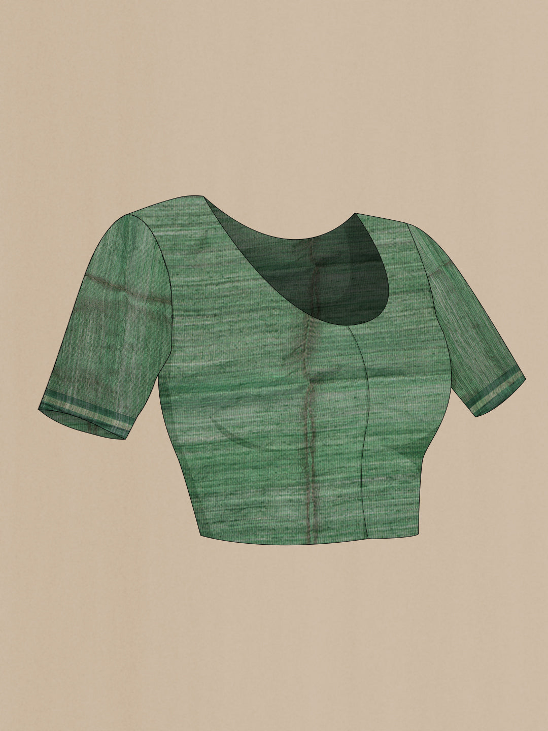 Close up image of the blouse of Pure Silk Green Dual Tone Tussar Saree with Stripes on the body and Sequin Border. 
