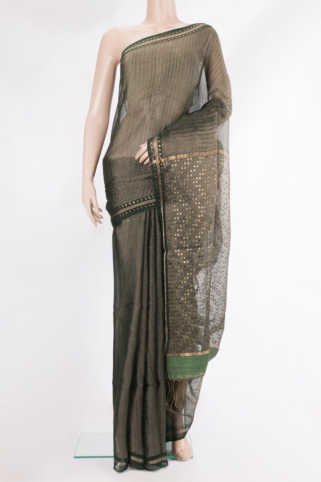 Pure Silk Green Dual Tone Tussar Saree with Stripes on the body and Sequin Border.  displayed on a mannequin